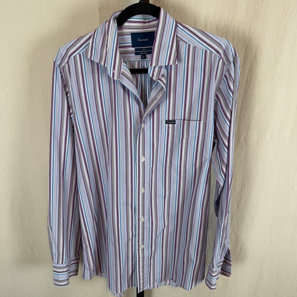 Faconnable Men's Striped Button Down Shirt Long Sleeve Blue Purple Gray‎ Size M